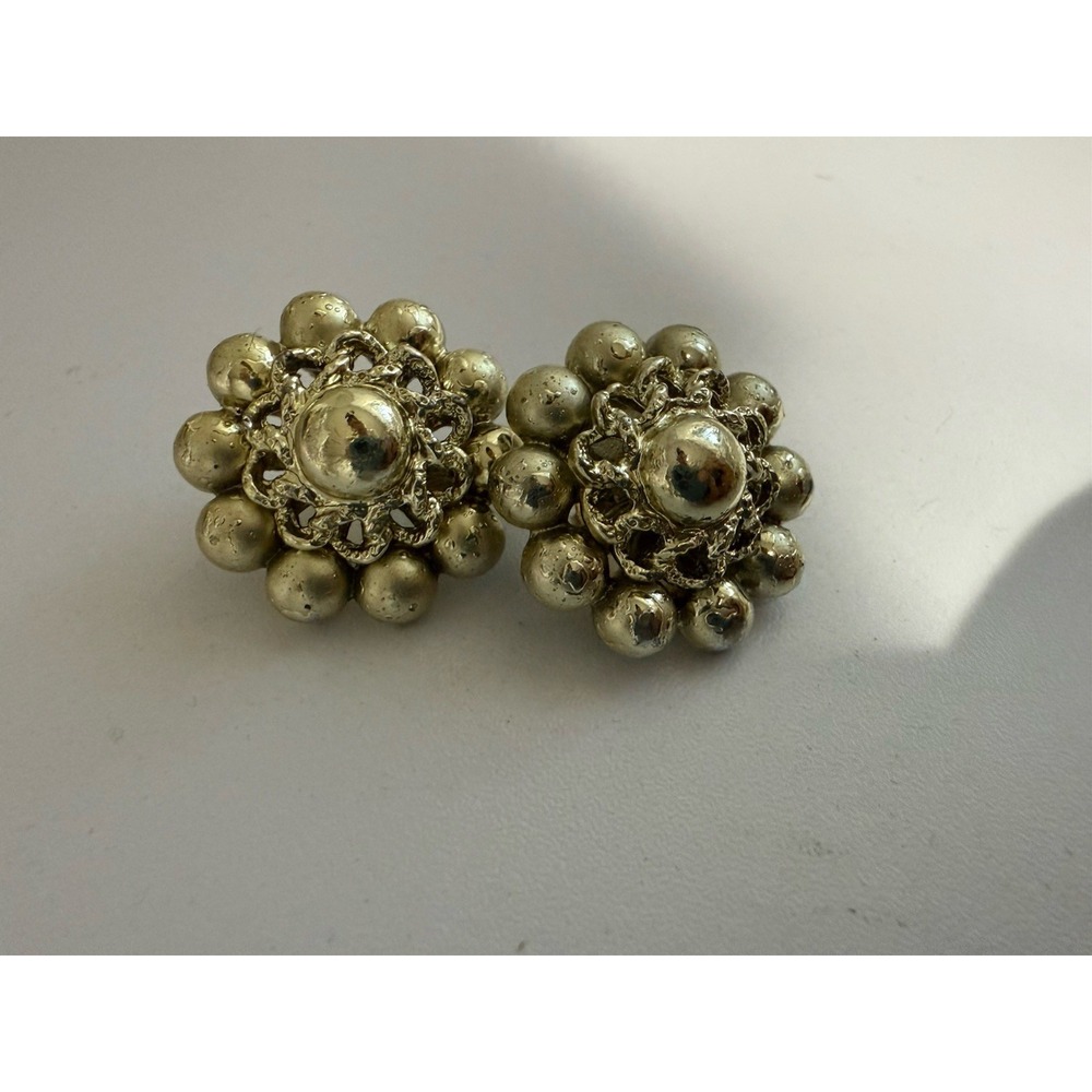 Coro Clip Earrings Brushed Gold/Silver Tone Chunky Ball Cluster MCM Signed